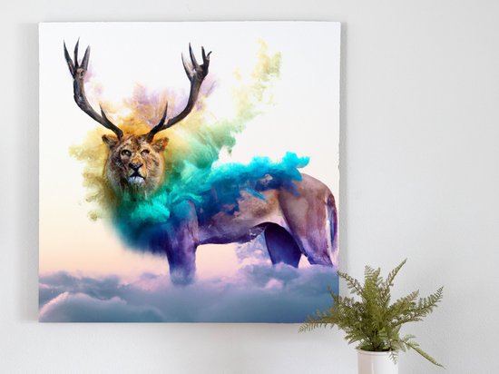 DEER LION kunst - 80x80 centimeter op Canvas | Foto op Canvas - wanddecoratie
