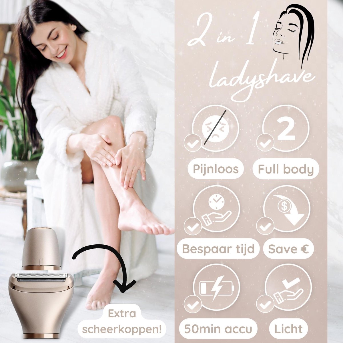 2-in-1 Ladyshave + 2 Extra Scheerkoppen - Gezicht - Oksels - Benen - Bikinilijn - Scheerapparaat Vrouw - Elektrisch Ontharen - Haarverwijderaar Dames - Trimmer Vrouw - Intieme Zone Schaamhaar - Ladyshaves Bikini thumbnail 5