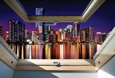Fotobehang - Vlies Behang - Uitzicht op Stad in de Nacht vanuit het Dakraam 3D - 208 x 146 cm