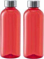 Kunststof waterfles/drinkfles/sportfles - 2x - rood transparant - met RVS dop - 600 ml