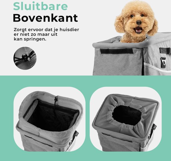 Grijze fietsmand met een opengaande bovenkant, met een poedel die eruit kijkt. Tekst: Sluitbare Bovenkant.