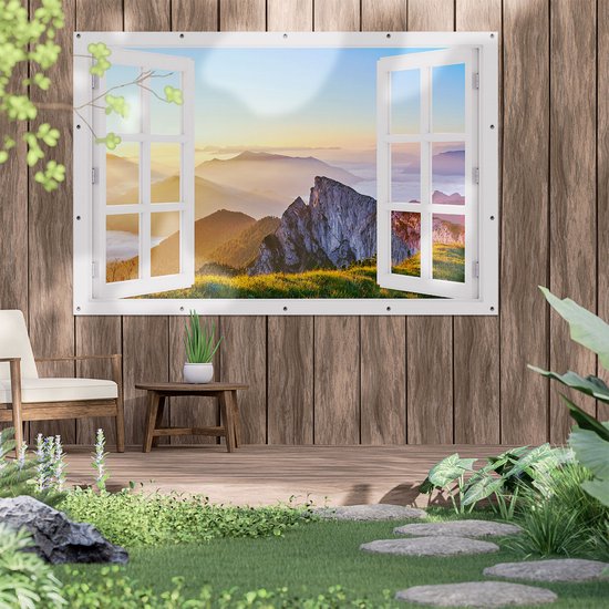 Affiche de jardin du Gards Voir à travers le lever du soleil dans les Montagnes des Alpes - 180x120 cm - Toile de jardin - Décoration de jardin - Décoration murale extérieure - Tableau de jardin