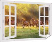 Gards Tuinposter Doorkijk Kudde Bruine Paarden in de Wei - 180x120 cm - Tuindoek - Tuindecoratie - Wanddecoratie buiten - Tuinschilderij