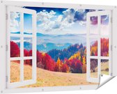 Gards Tuinposter Doorkijk Kleurrijke Herfstbos met Heuvellandschap - 150x100 cm - Tuindoek - Tuindecoratie - Wanddecoratie buiten - Tuinschilderij