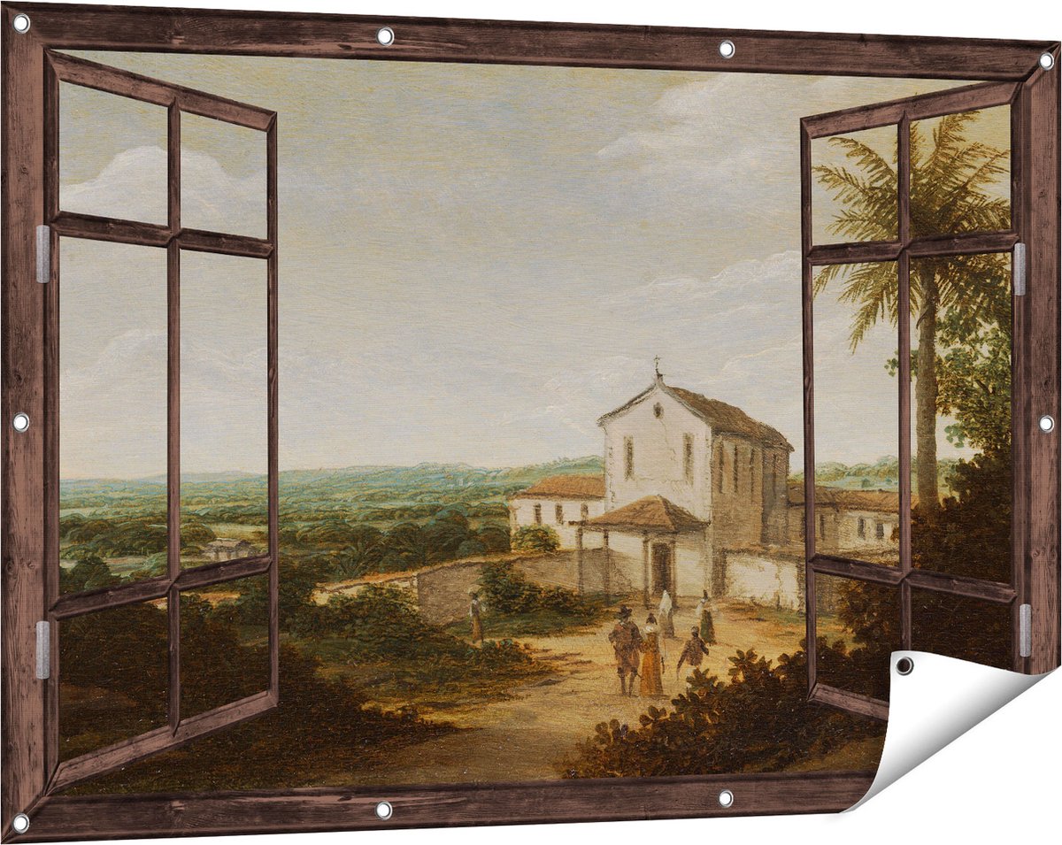 Gards Tuinposter Doorkijk Kerkelijk Gebouw in Brazilië - Frans Jansz. Post - 120x80 cm - Tuindoek - Tuindecoratie - Wanddecoratie buiten - Tuinschilderij donker bruin