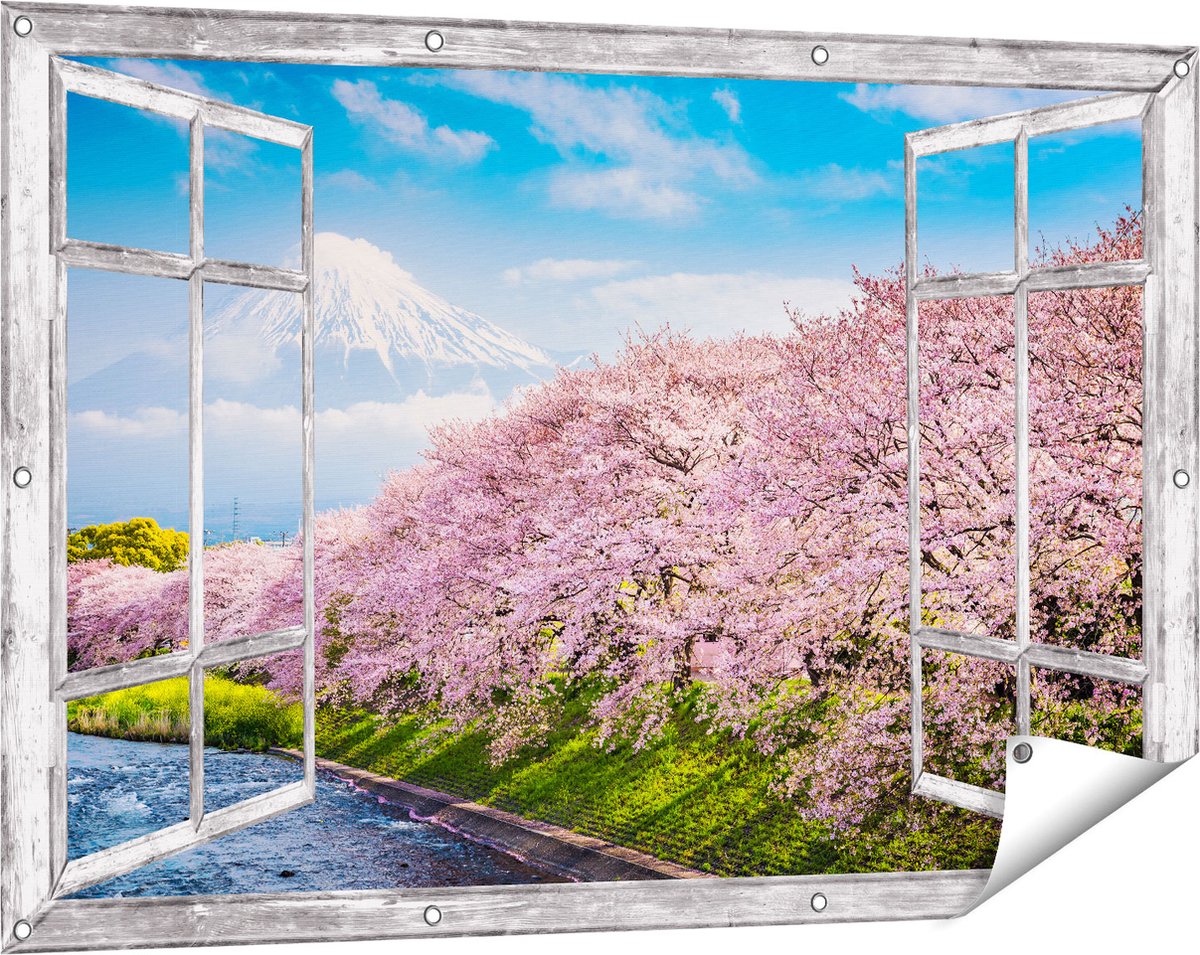 Gards Tuinposter Doorkijk Roze Bloesembomen bij de Fuji Berg - 120x80 cm - Tuindoek - Tuindecoratie - Wanddecoratie buiten - Tuinschilderij Grijs