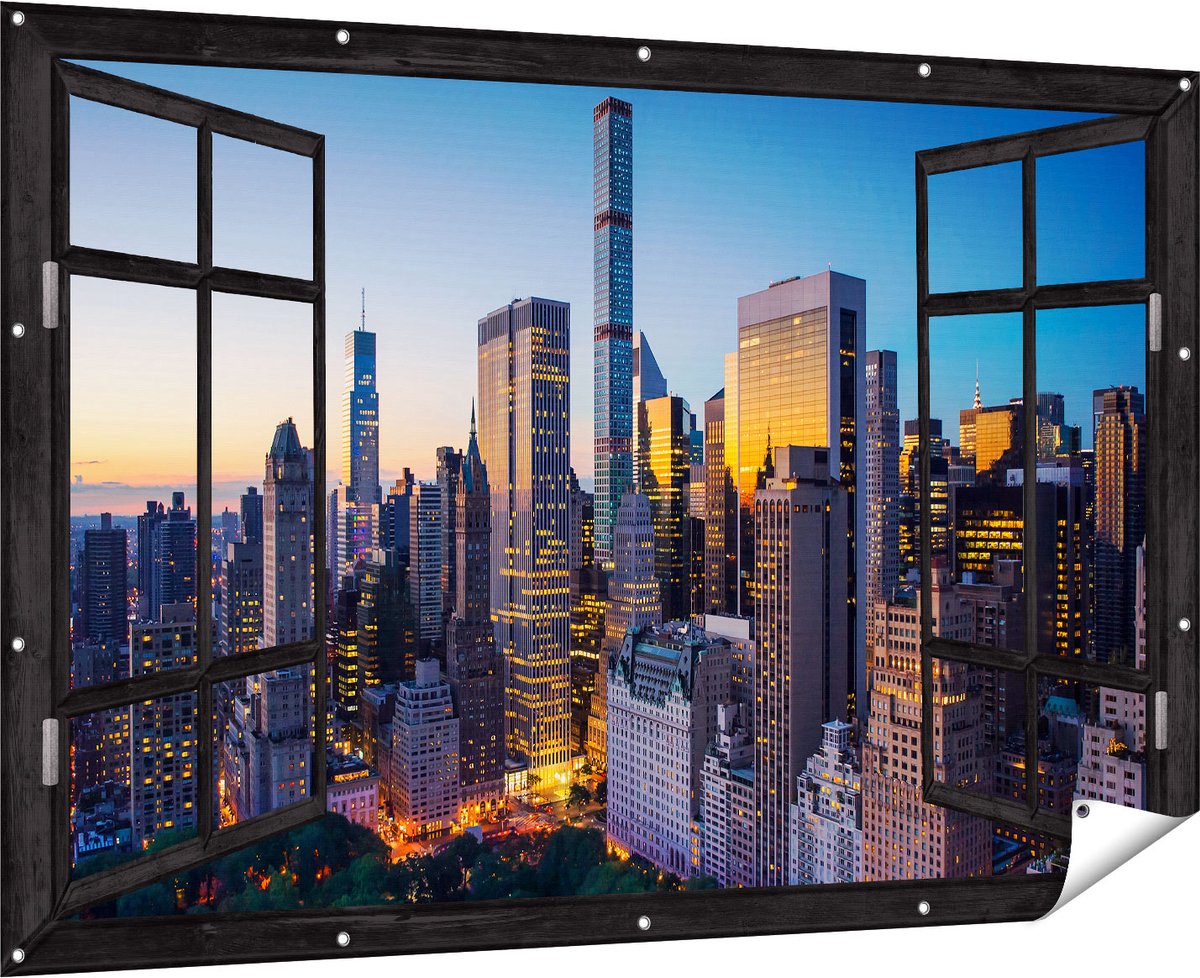 Gards Tuinposter Doorkijk New York bij Zonsopgang - 180x120 cm - Tuindoek - Tuindecoratie - Wanddecoratie buiten - Tuinschilderij Multikleur