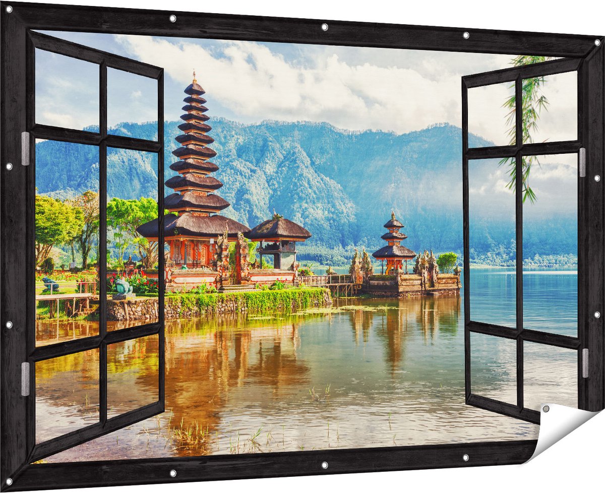 Gards Tuinposter Doorkijk Pura Tempel in Bali op het meer Beratan - 180x120 cm - Tuindoek - Tuindecoratie - Wanddecoratie buiten - Tuinschilderij Multikleur