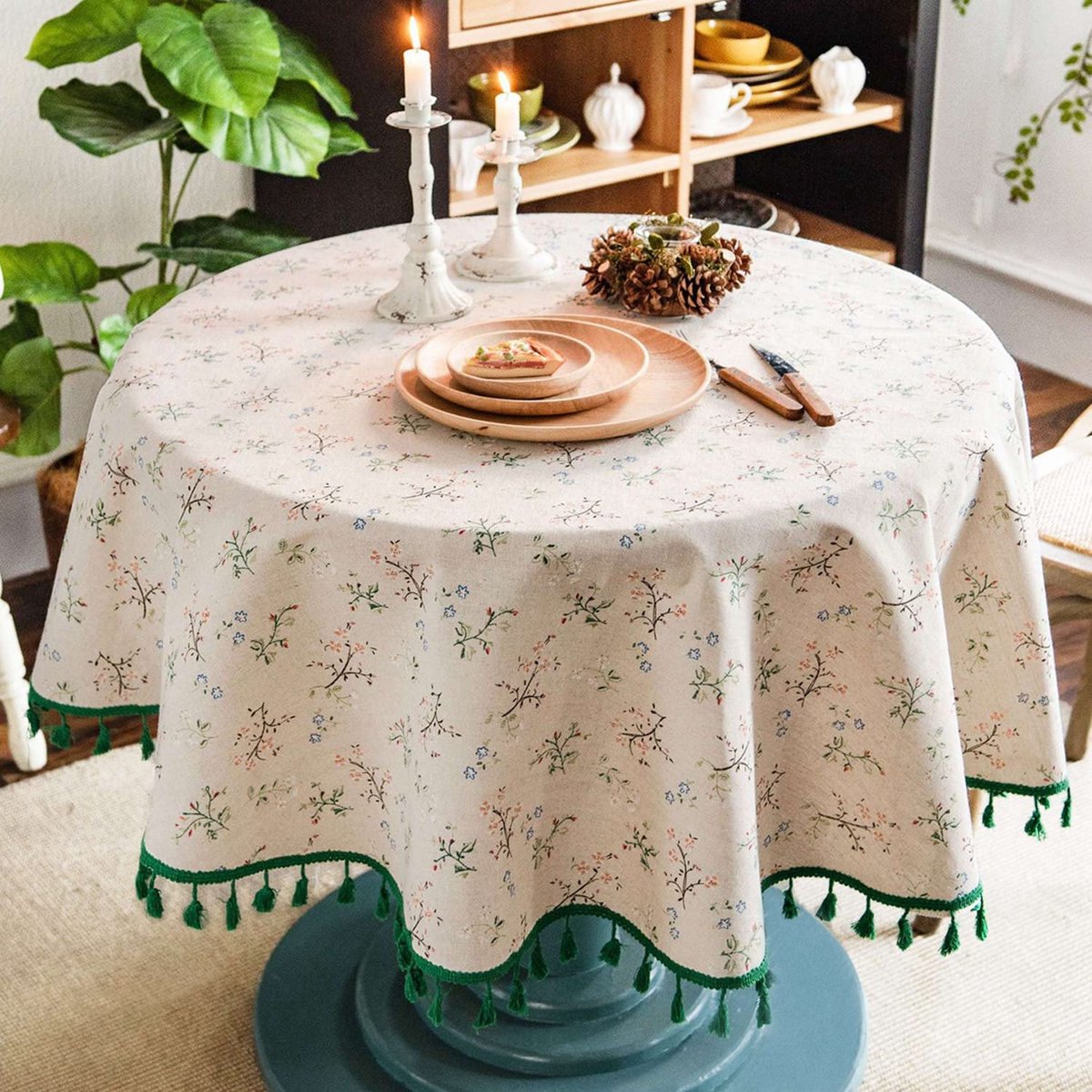 Tafelkleed rond katoen en linnen met bloemenprint, tafelkleden rond kwastpunt afwasbaar, rond tafelkleed, voor eettafel, woonkamer, picknick, 150 cm (beige)