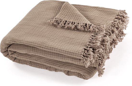 Tiseco - Deken SUZETTE - Mousseline zomer plaid met franjes - 130x160 cm - Taupe