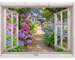 Tuinposter doorkijk bloemen - Wit raam - Tuindecoratie hortensia - 160x120 cm - Tuinschilderij voor buiten paars - Tuindoek - Wanddecoratie tuin - Schuttingdoek - Balkon decoratie - Muurdecoratie - Buitencanvas tuinversiering