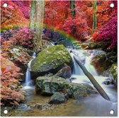 Tuinposter - Regenboog - Waterval - Water - Roze - Stenen - Bos - 50x50 cm - Tuindoeken voor buiten - Schuttingdoek - Tuinposter waterval