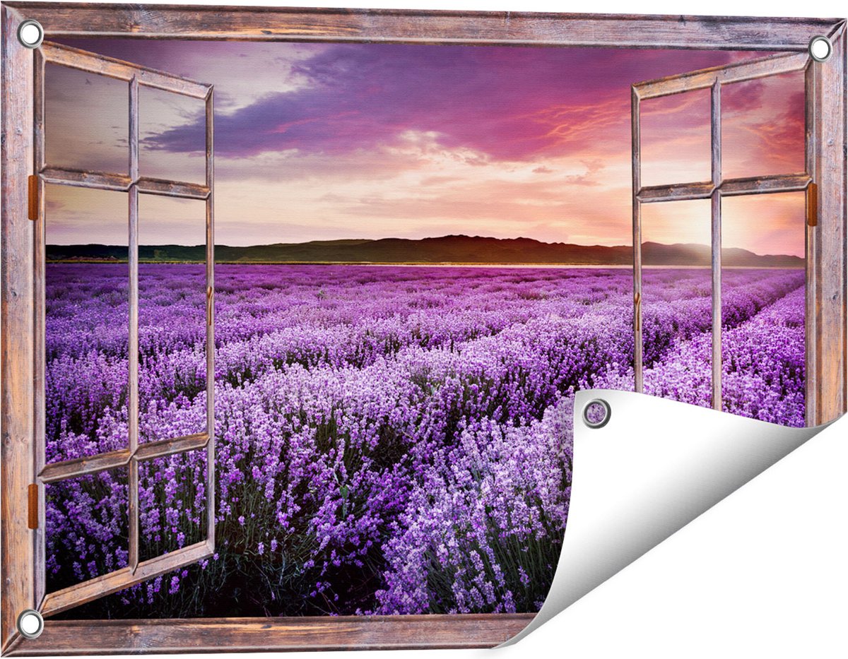 Gards Tuinposter Doorkijk Bloemenveld met Paarse Lavendel - Bloemen - 60x40 cm - Tuindoek - Tuindecoratie - Wanddecoratie buiten - Tuinschilderij