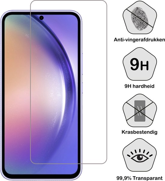 Een telefoon met een screenprotector, met iconen voor anti-vingerafdruk, 9H hardheid, krasbestendig en 99,9% transparant.