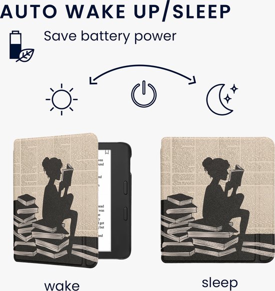 kwmobile e-reader hoesje geschikt voor Tolino Vision 6 hoes - E reader flip case met magnetische sluiting - Ereader cover - Meisje met boeken design in zwart / beige van kwmobile — afbeelding 4
