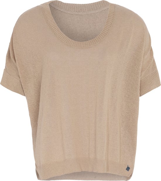 Knit Factory Senna Gebreide Dames Top - Trui met korte mouwen - Gebreide t-shirt - T-shirt - Shirt Gemaakt van 50% gerecyceld katoen - Ronde hals - Linnen - Bruin - 36/44