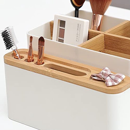 Organiseur De Bureau En Bois Et ABS à 5 Compartiments | Avec Pot à Stylos, Rangement Pour Cosmétiques, Téléphone