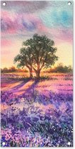 Poster de jardin Lavande - Peinture - Vogels - Arbres - Violet - 40x80 cm - Décoration murale Extérieur - Poster de jardin - Toile de jardin - Poster de clôture - Tableau de jardin