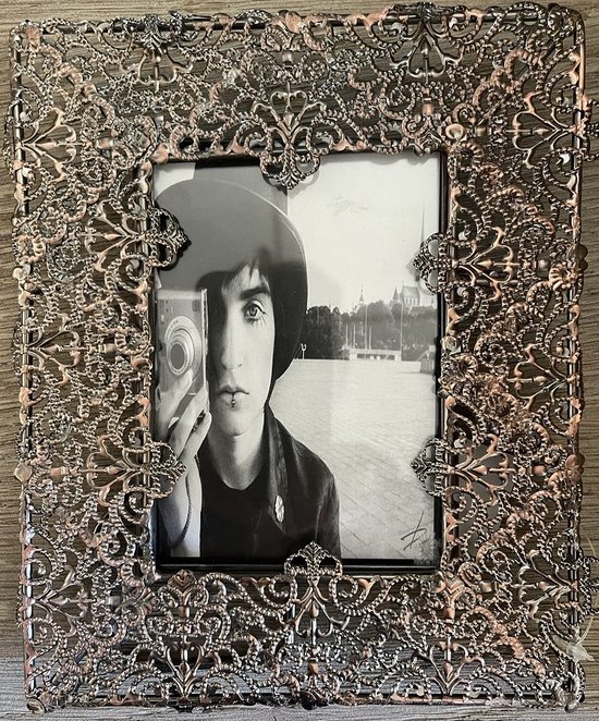 Metalen vintage fotolijst - 16x20 - fotomaat 9x13 - opengewerkt metalen frame zilver / rood koper