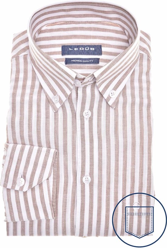 Ledub modern fit overhemd - lichtbruin met wit gestreept - Strijkvriendelijk - Boordmaat: 44
