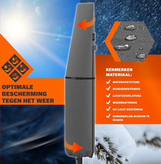 Grijze parasolhoes met tekst "Optimale bescherming tegen het weer", zon, regen en sneeuw.