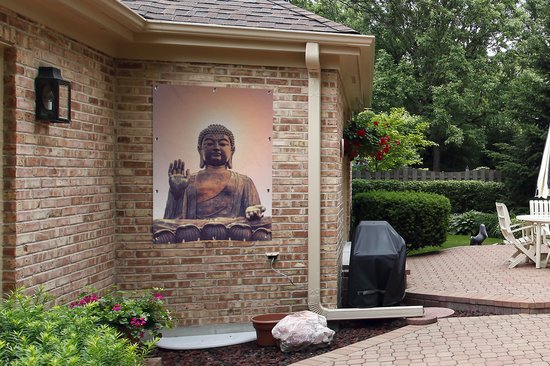 Tuinposter - Boeddha - Meditatie - Zon - Natuur - Tuin decoratie - Tuindoeken voor buiten - Schuttingdoek - 90x120 cm