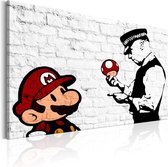 Schilderij - Mario en Politieagent op baksteen , Banksy , baksteenlook