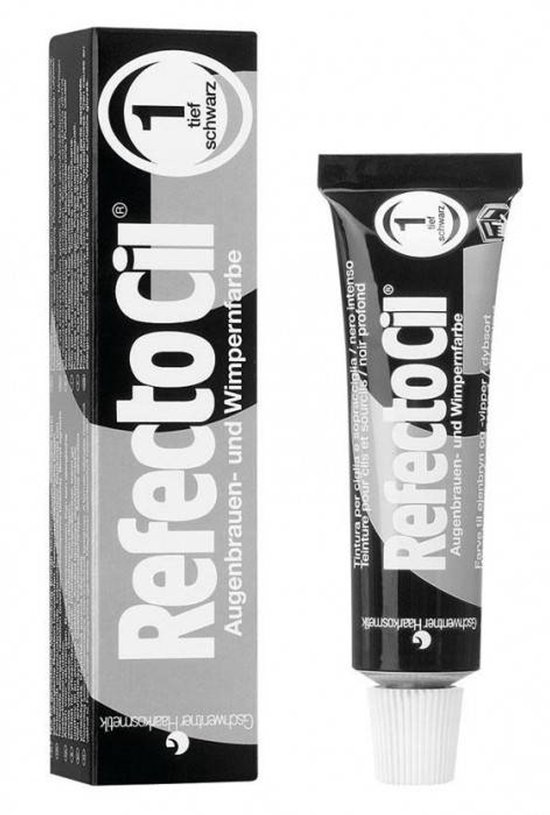 RefectoCil "tief schwarz" (diepzwart) wenkbrauw- en wimperverf in een doosje en tube.