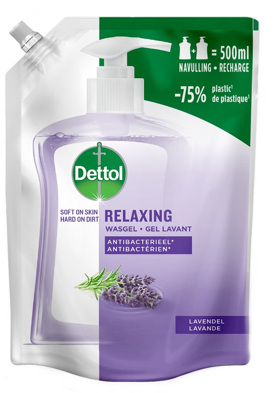 Dettol handzeep navulverpakking met lavendelgeur. Bevat 500ml en 75% minder plastic.