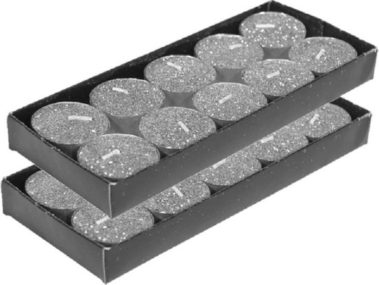 Gerim theelichtjes/waxinelichtjes kaarsjes- 20x - zilver glitters 3,5 cm