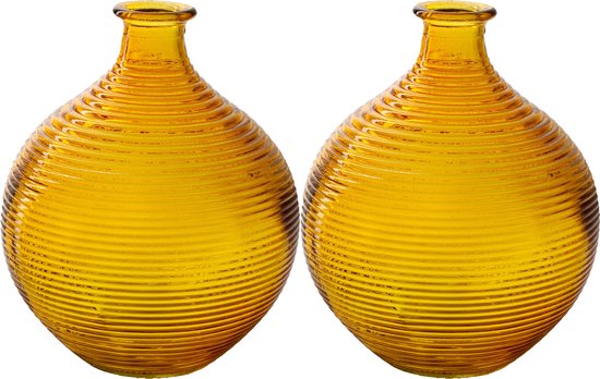 Jodeco Bloemenvaas/flesvaas - 2x - geel - bolvorm met ribbel - D16 x H20 cm