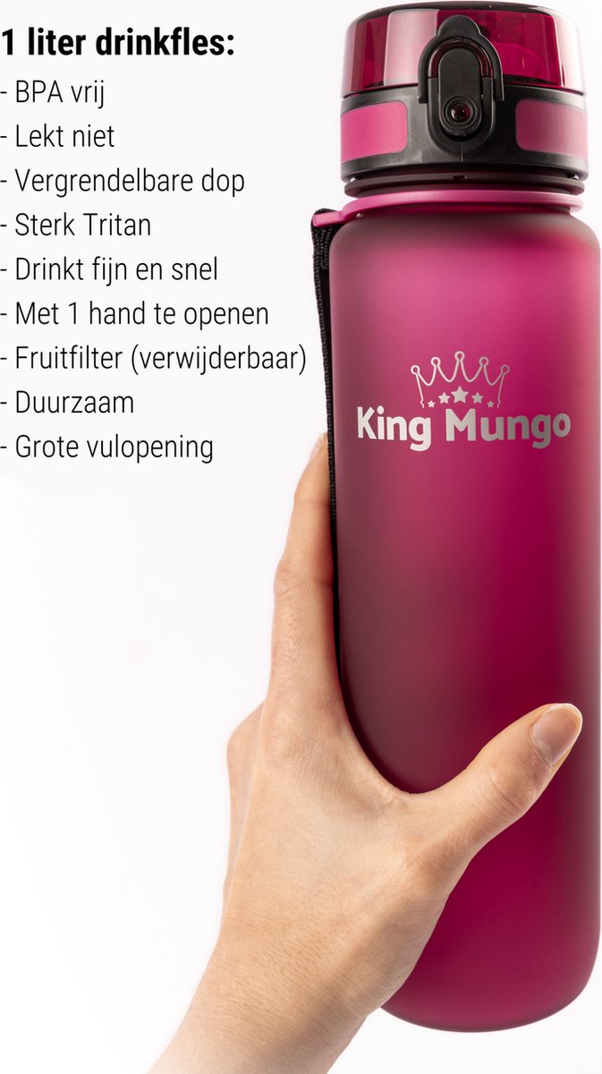 King Mungo Waterfles 1 Liter Mat Paars Rood thumbnail 4