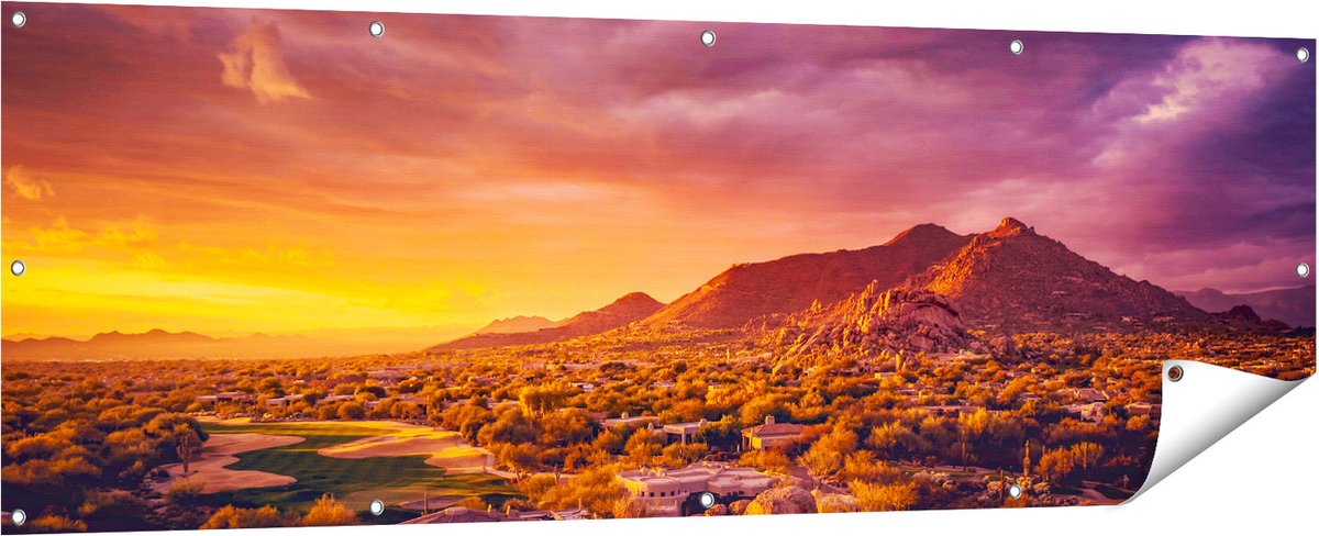 Gards Tuinposter Woestijn Landschap met Zonsondergang - 180x60 cm - Tuindoek - Tuindecoratie - Wanddecoratie buiten - Tuinschilderij Multikleur