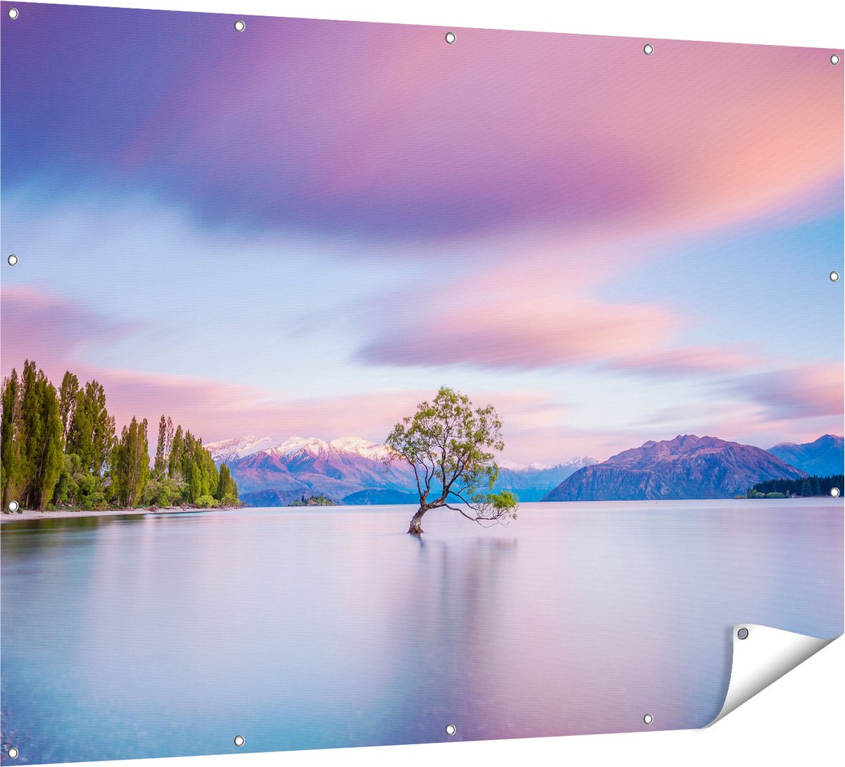 Gards Tuinposter Wanaka Boom in het Water bij Zonsopgang - 160x120 cm - Tuindoek - Tuindecoratie - Wanddecoratie buiten - Tuinschilderij Multikleur