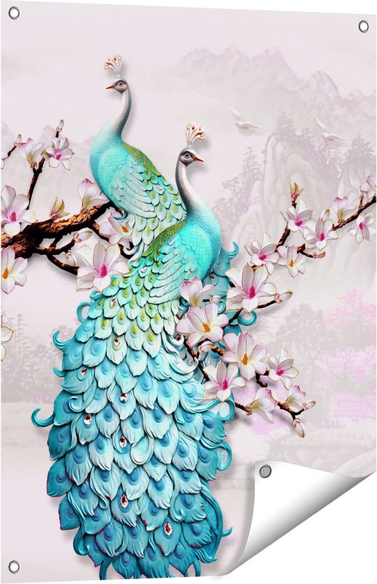 Gards Affiche de jardin Deux Paons Bleus - Abstrait - 60x80 cm - Toile jardin - Décoration de jardin - Décoration murale extérieur - Tableau jardin