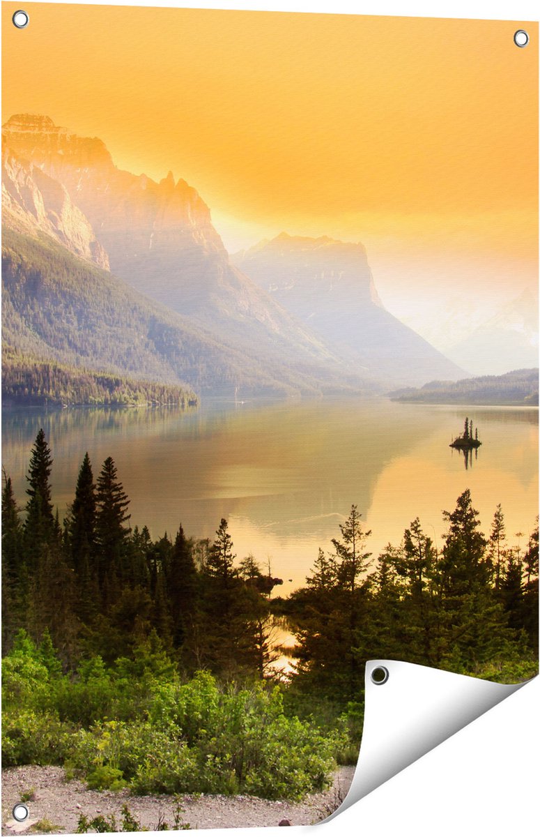Gards Tuinposter Bergen met een Meer in Nationaal Park Glacier - 60x80 cm - Tuindoek - Tuindecoratie - Wanddecoratie buiten - Tuinschilderij Multikleur