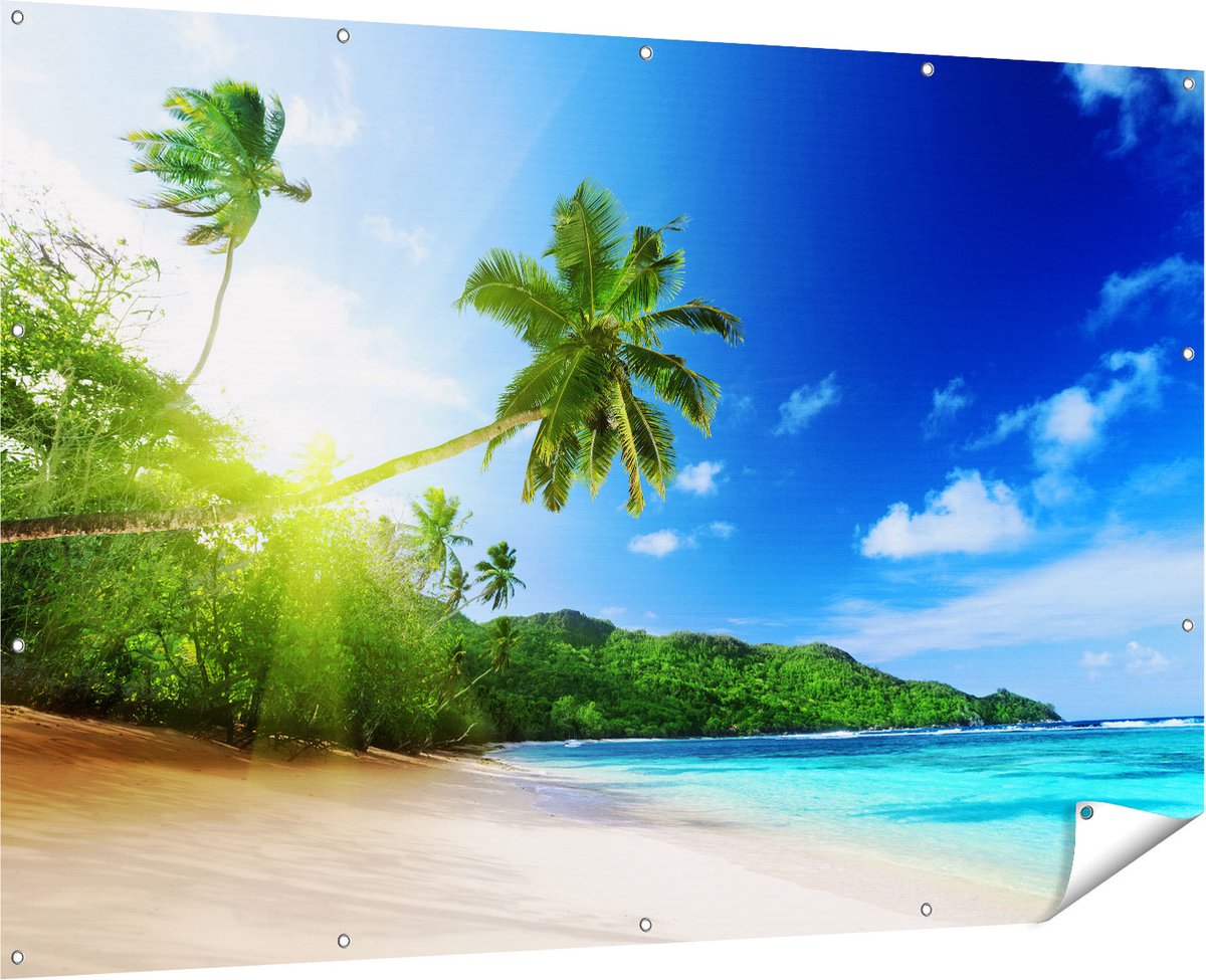 Gards Tuinposter Strand tijdens Zonsondergang in Seychellen - 180x120 cm - Tuindoek - Tuindecoratie - Wanddecoratie buiten - Tuinschilderij Multikleur