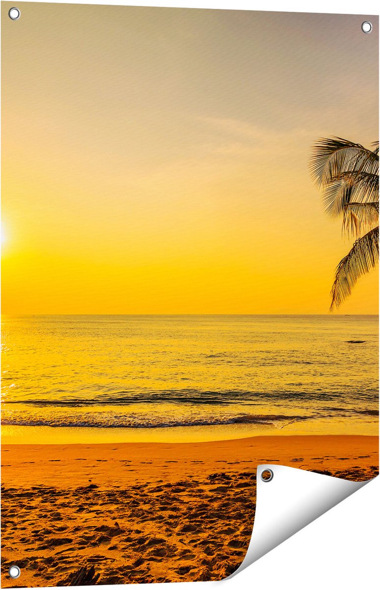 Gards Tuinposter Tropisch Strand tijdens Zonsondergang - 60x80 cm - Tuindoek - Tuindecoratie - Wanddecoratie buiten - Tuinschilderij Multikleur
