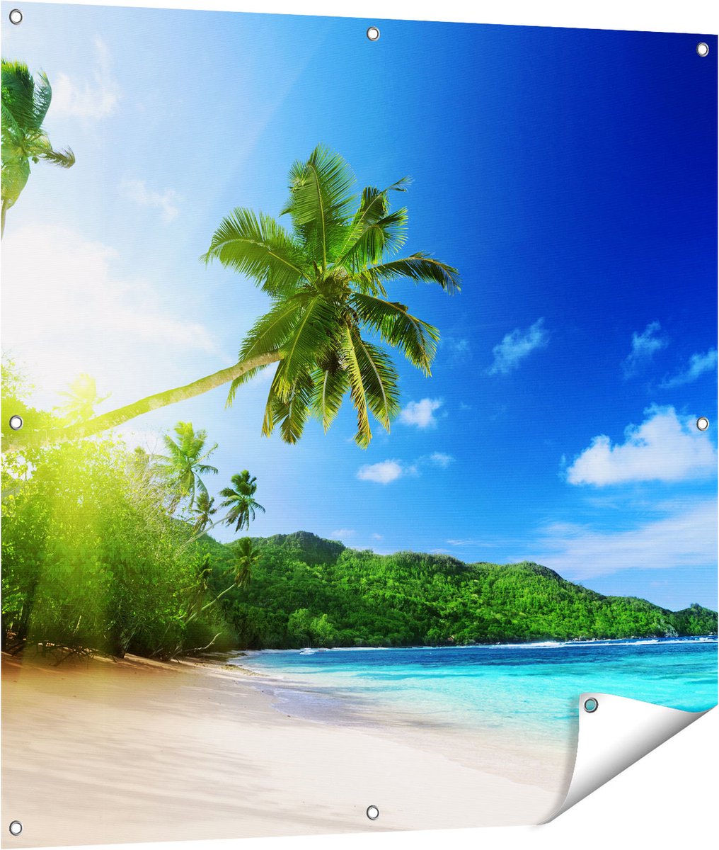 Gards Tuinposter Strand tijdens Zonsondergang in Seychellen - 100x100 cm - Tuindoek - Tuindecoratie - Wanddecoratie buiten - Tuinschilderij Multikleur