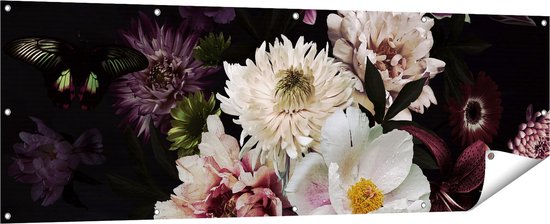 Gards Tuinposter Diverse Bloemen op Zwart Achtergrond - 180x60 cm - Tuindoek - Tuindecoratie - Wanddecoratie buiten - Tuinschilderij