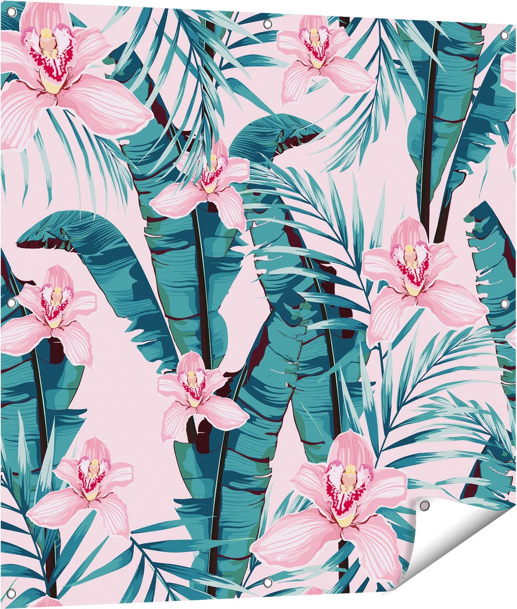 Gards Tuinposter Tropische Roze Zomer Bloemen met Bladeren - 100x100 cm - Tuindoek - Tuindecoratie - Wanddecoratie buiten - Tuinschilderij Multikleur