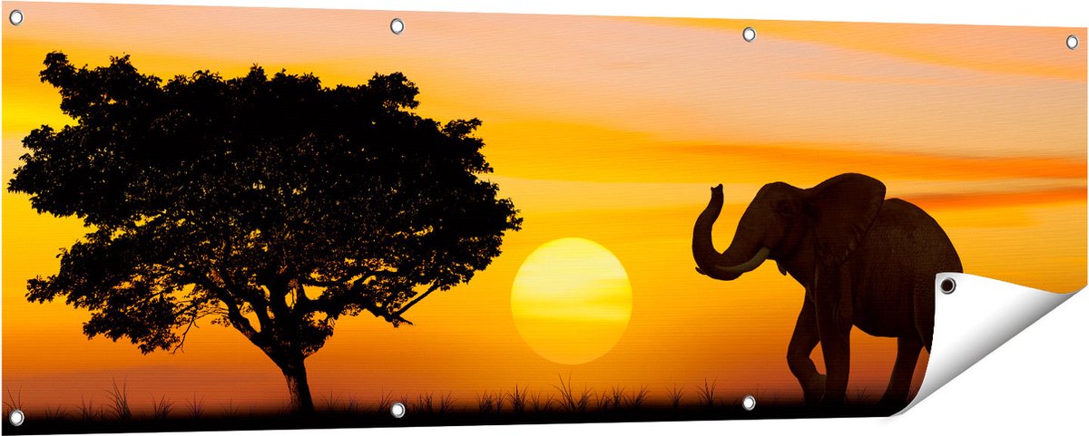 Gards Tuinposter Olifant Silhouet tijdens Zonsondergang - 150x50 cm - Tuindoek - Tuindecoratie - Wanddecoratie buiten - Tuinschilderij Multikleur