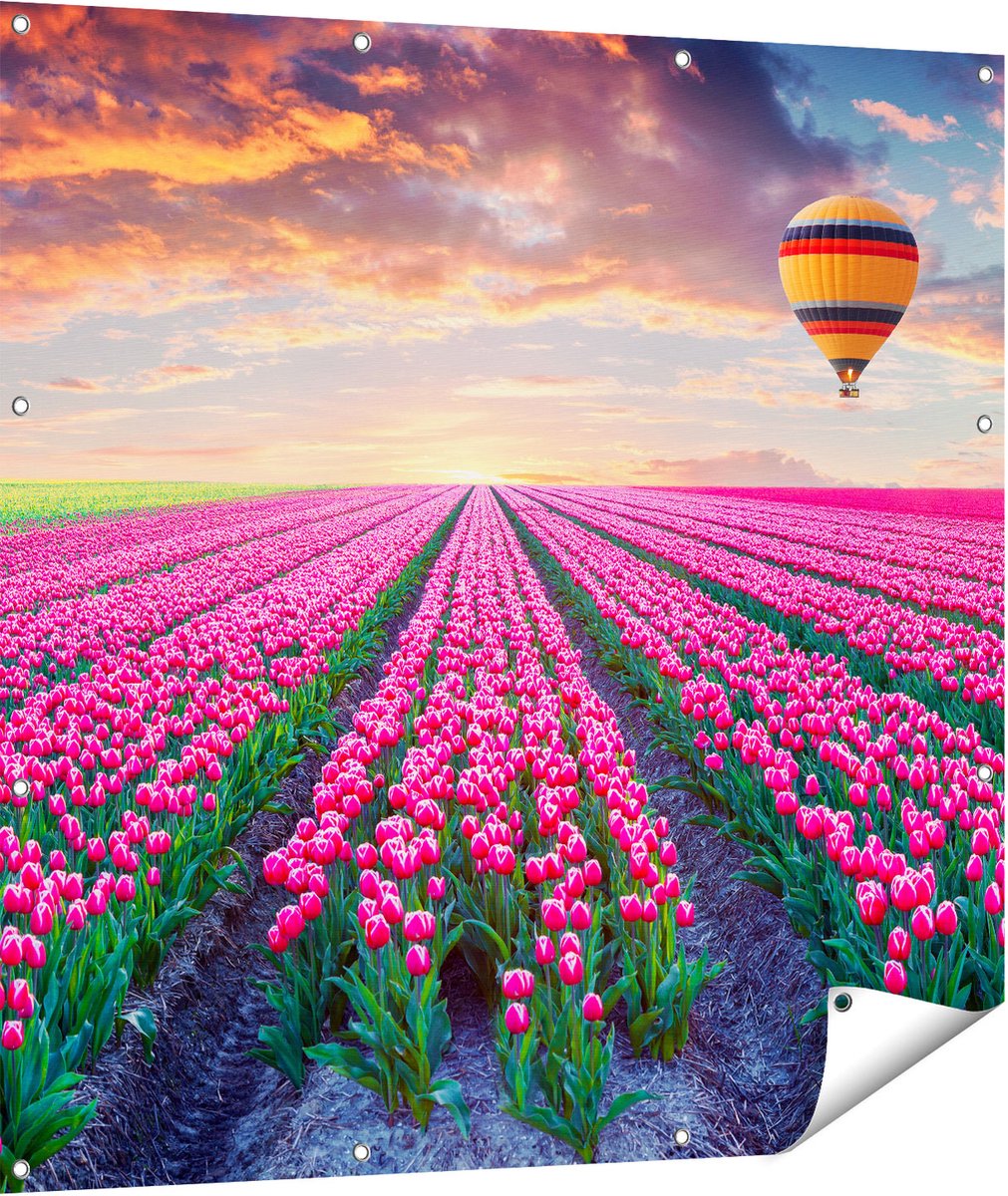 Gards Tuinposter Bloemenveld met Roze Tulpen - Luchtballon - 110x110 cm - Tuindoek - Tuindecoratie - Wanddecoratie buiten - Tuinschilderij Multikleur