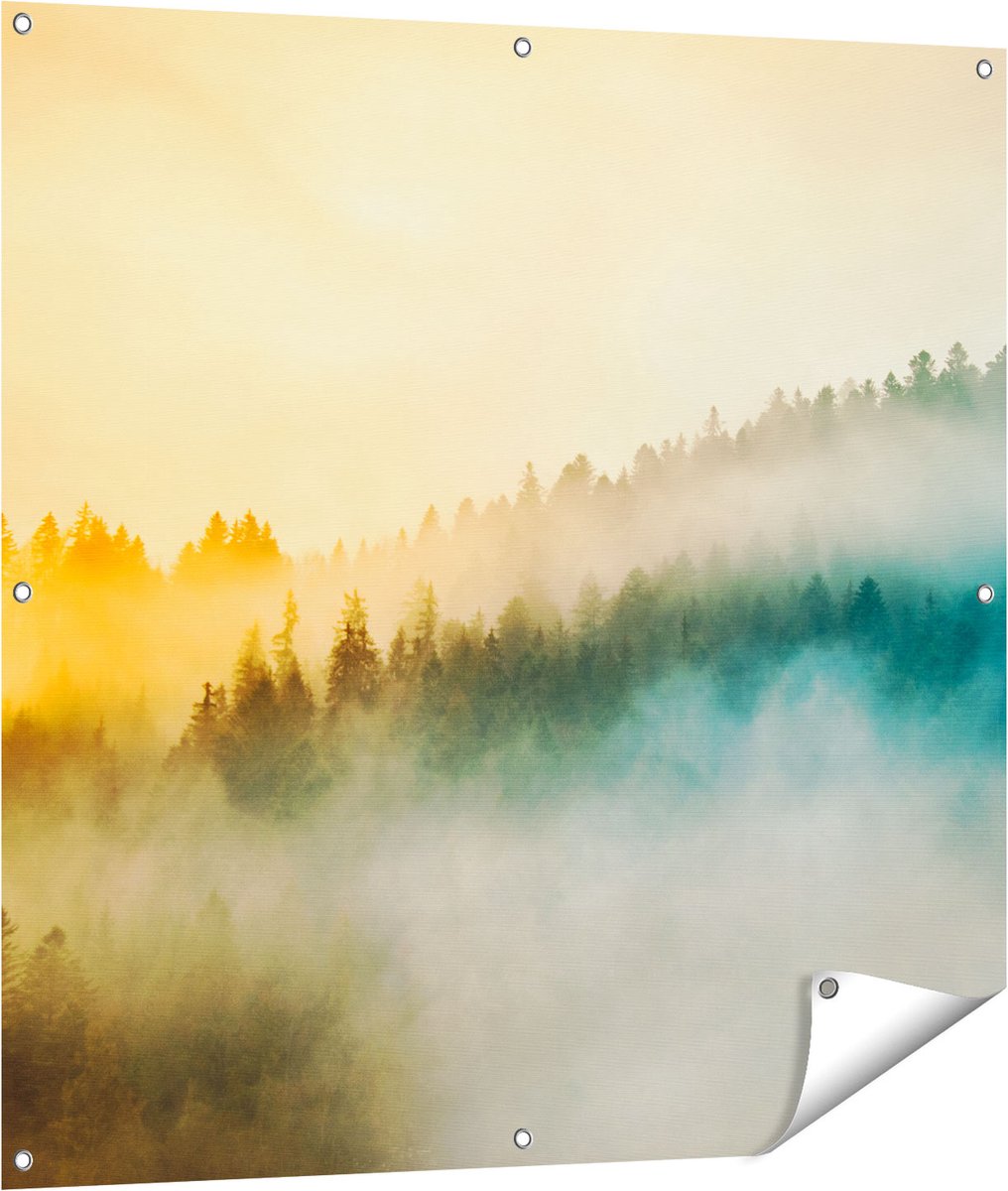 Gards Tuinposter Kleurrijke Zonsopgang in het Bos met Mist - 100x100 cm - Tuindoek - Tuindecoratie - Wanddecoratie buiten - Tuinschilderij Multikleur