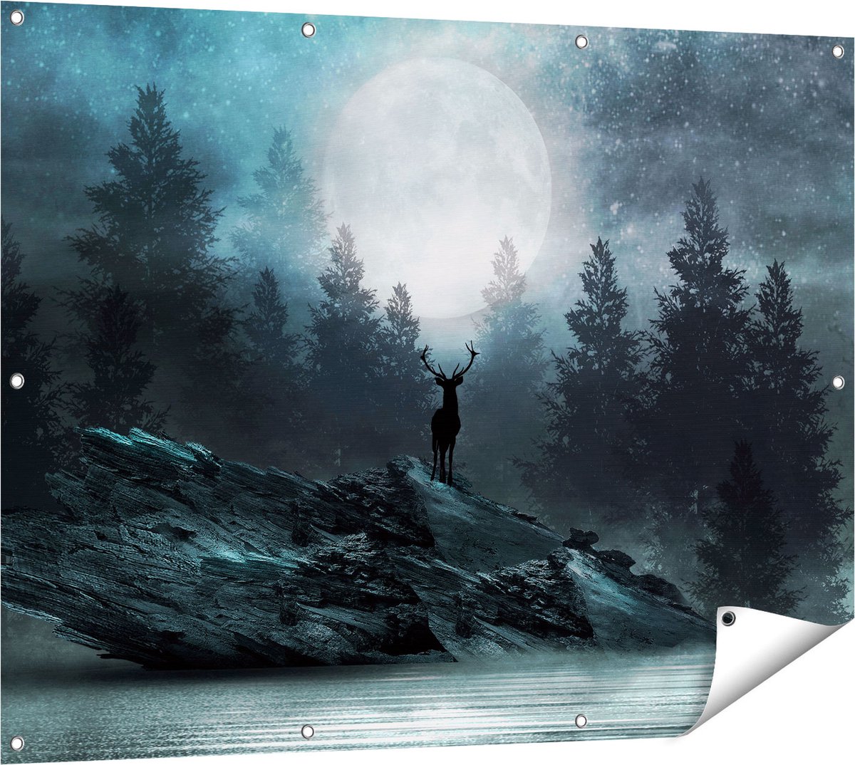 Gards Tuinposter Hert op een Rots tijdens Volle Maan - 120x90 cm - Tuindoek - Tuindecoratie - Wanddecoratie buiten - Tuinschilderij Multikleur
