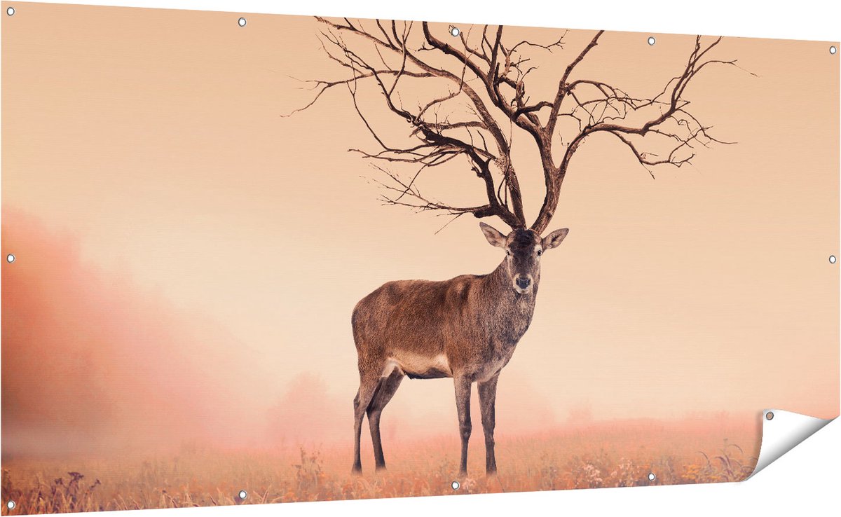 Gards Tuinposter Hert met een Bomen Gewei - 200x100 cm - Tuindoek - Tuindecoratie - Wanddecoratie buiten - Tuinschilderij Multikleur