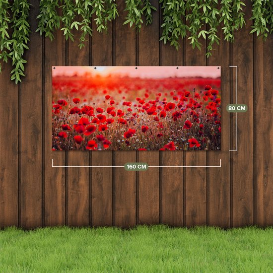 Gards Affiche de jardin Coquelicots rouges Champ de fleurs Coucher de soleil - 160x80 cm - Toile jardin - Décoration de jardin - Décoration murale extérieur - Tableau jardin