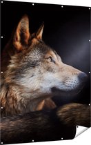 Gards Tuinposter Wolvenkop met een Zonnestraal - Wolf - 120x160 cm - Tuindoek - Tuindecoratie - Wanddecoratie buiten - Tuinschilderij