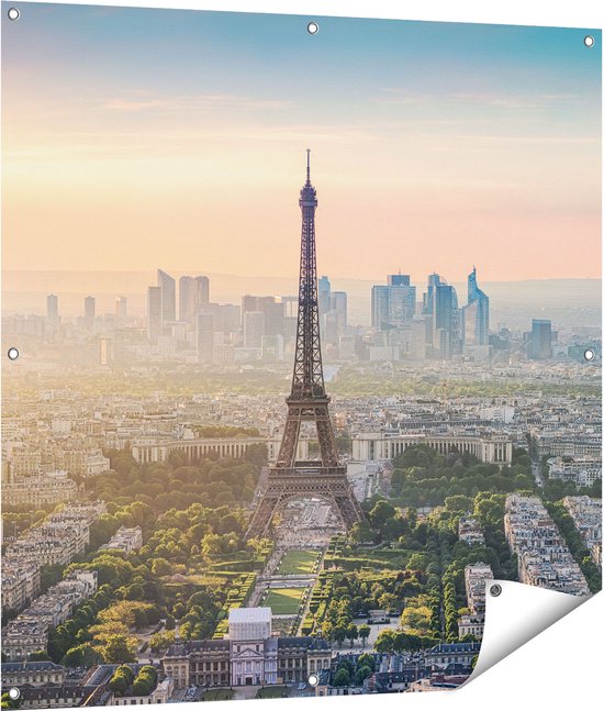 Gards Tuinposter Skyline van Parijs met de Eiffeltoren - 100x100 cm - Tuindoek - Tuindecoratie - Wanddecoratie buiten - Tuinschilderij