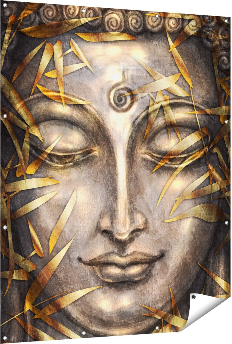 Gards Tuinposter Boeddha Beeld met Gouden Bladeren - 120x150 cm - Tuindoek - Tuindecoratie - Wanddecoratie buiten - Tuinschilderij Multikleur